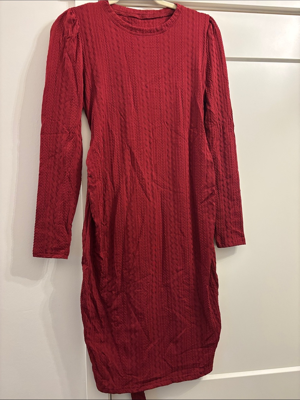 Classic Red Textured Long Sleeve Dress
